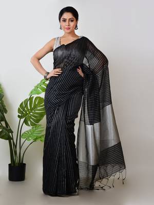 Aakar black handloom linen saree with white zari stripe 2