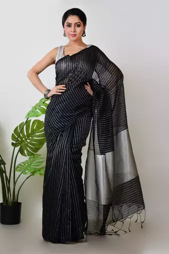 Aakar black handloom linen saree with white zari stripe