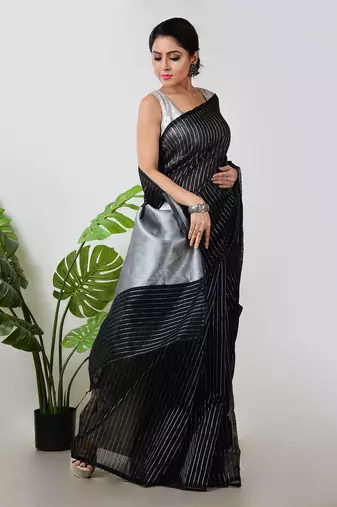 Aakar black handloom linen saree with white zari stripe
