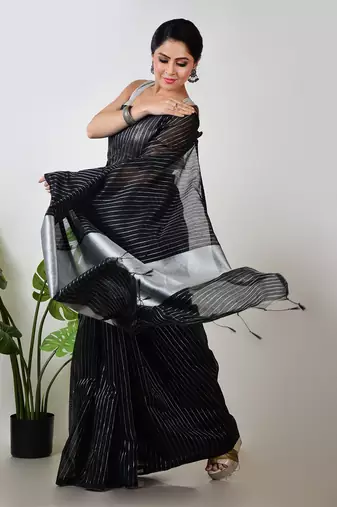 Aakar black handloom linen saree with white zari stripe