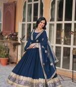 Blue designer readymade long kurti & duppta with Embroidery Zari Sequins-work