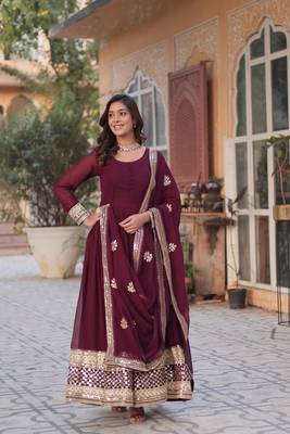 Wine designer readymade long kurti & duppta with Embroidery Zari Sequins-work 3