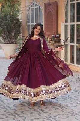 Wine designer readymade long kurti & duppta with Embroidery Zari Sequins-work 4