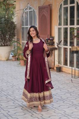 Wine designer readymade long kurti & duppta with Embroidery Zari Sequins-work 5