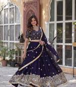 Navy Blue Art Silk Zari and Sequin Embroidered Lehenga