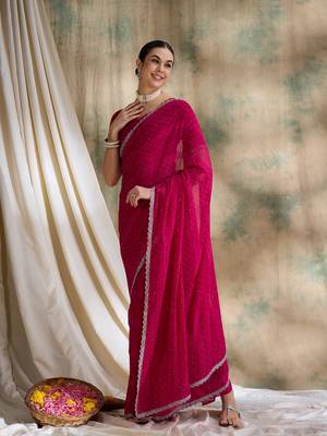 Fuchsia pink glitter georgette saree 1