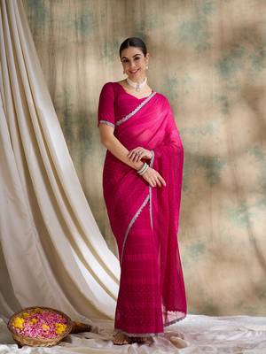 Fuchsia pink glitter georgette saree 2