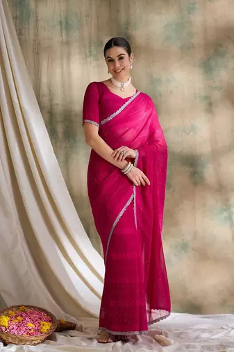Fuchsia pink glitter georgette saree