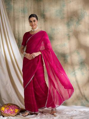 Fuchsia pink glitter georgette saree 3