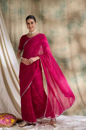 Fuchsia pink glitter georgette saree