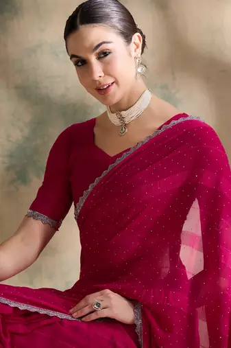 Fuchsia pink glitter georgette saree