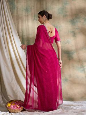 Fuchsia pink glitter georgette saree 5