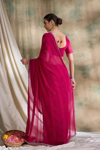 Fuchsia pink glitter georgette saree
