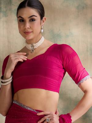 Fuchsia pink glitter georgette saree 7