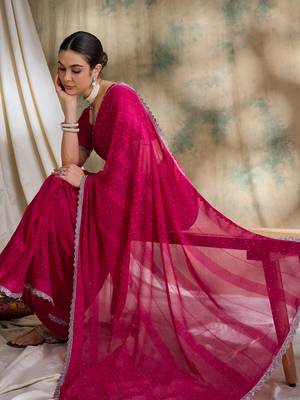 Fuchsia pink glitter georgette saree 8