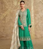 Teal green embroidery secquins work faux-silk palazzo straight full stitched suits