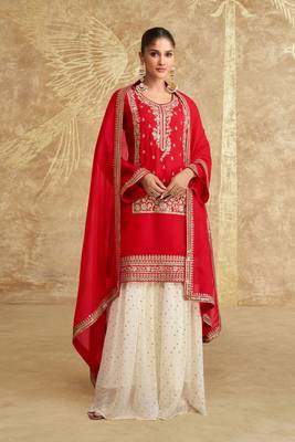 Red embroidery secquins work jacquard silk palazzo straight full stitched suits 1