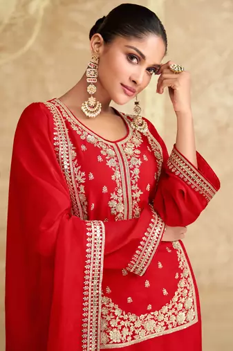 Red embroidery secquins work jacquard silk palazzo straight full stitched suits