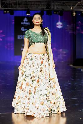 cream Motif Print Satin SemiStitched Lehenga Choli With Unstitched sequin Work Blouse and Dupatta 1