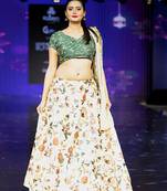 cream Motif Print Satin SemiStitched Lehenga Choli With Unstitched sequin Work Blouse and Dupatta