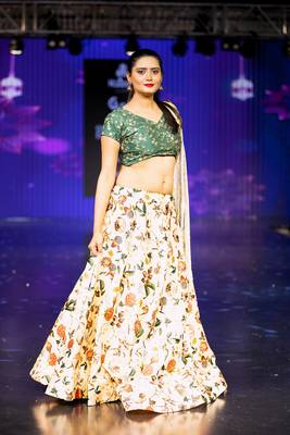 cream Motif Print Satin SemiStitched Lehenga Choli With Unstitched sequin Work Blouse and Dupatta 3