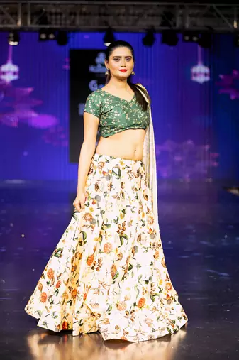 cream Motif Print Satin SemiStitched Lehenga Choli With Unstitched sequin Work Blouse and Dupatta