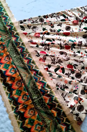 cream Motif Print Satin SemiStitched Lehenga Choli With Unstitched sequin Work Blouse and Dupatta