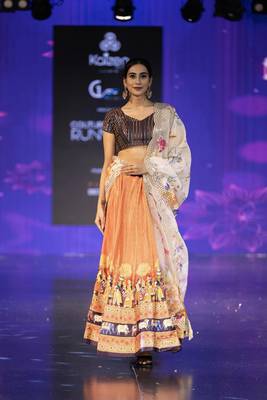 orange Motif Print Satin SemiStitched Lehenga Choli With Unstitched sequin Work Blouse and Dupatta 1