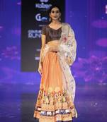 orange Motif Print Satin SemiStitched Lehenga Choli With Unstitched sequin Work Blouse and Dupatta