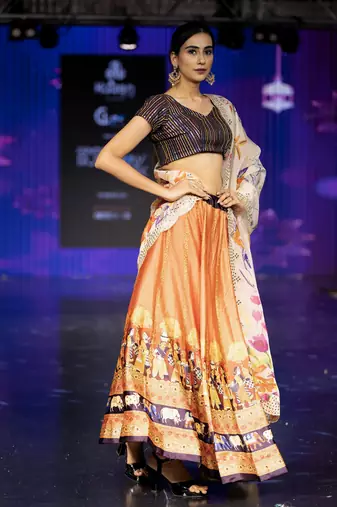 orange Motif Print Satin SemiStitched Lehenga Choli With Unstitched sequin Work Blouse and Dupatta