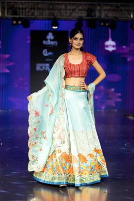 sky-blue Motif Print Satin SemiStitched Lehenga Choli With Unstitched sequin Work Blouse and Dupatta 1