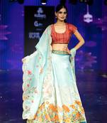 sky-blue Motif Print Satin SemiStitched Lehenga Choli With Unstitched sequin Work Blouse and Dupatta