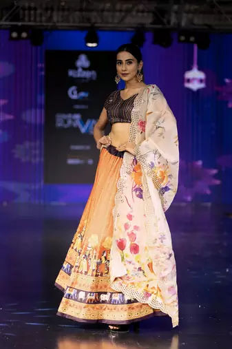 orange Motif Print Satin SemiStitched Lehenga Choli With Unstitched sequin Work Blouse and Dupatta