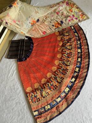 orange Motif Print Satin SemiStitched Lehenga Choli With Unstitched sequin Work Blouse and Dupatta 4
