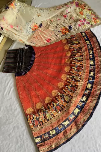 orange Motif Print Satin SemiStitched Lehenga Choli With Unstitched sequin Work Blouse and Dupatta