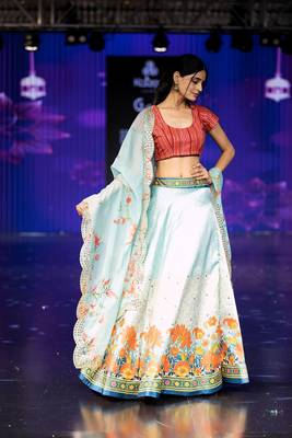 sky-blue Motif Print Satin SemiStitched Lehenga Choli With Unstitched sequin Work Blouse and Dupatta 2