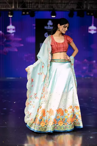 sky-blue Motif Print Satin SemiStitched Lehenga Choli With Unstitched sequin Work Blouse and Dupatta