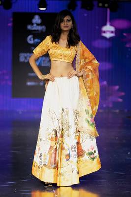 yellow Motif Print Satin SemiStitched Lehenga Choli With Unstitched sequin Work Blouse and Dupatta 1