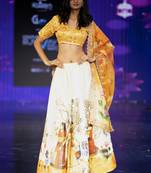 yellow Motif Print Satin SemiStitched Lehenga Choli With Unstitched sequin Work Blouse and Dupatta