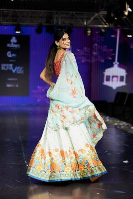sky-blue Motif Print Satin SemiStitched Lehenga Choli With Unstitched sequin Work Blouse and Dupatta 3