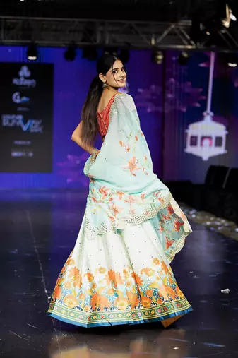 sky-blue Motif Print Satin SemiStitched Lehenga Choli With Unstitched sequin Work Blouse and Dupatta