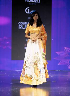 yellow Motif Print Satin SemiStitched Lehenga Choli With Unstitched sequin Work Blouse and Dupatta 2