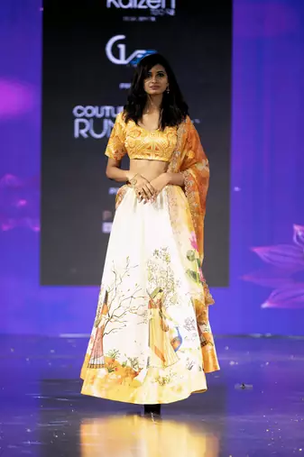 yellow Motif Print Satin SemiStitched Lehenga Choli With Unstitched sequin Work Blouse and Dupatta