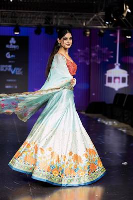 sky-blue Motif Print Satin SemiStitched Lehenga Choli With Unstitched sequin Work Blouse and Dupatta 4