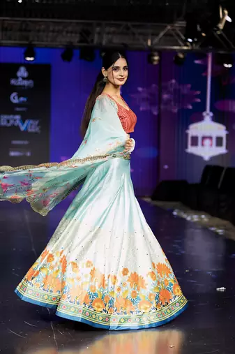 sky-blue Motif Print Satin SemiStitched Lehenga Choli With Unstitched sequin Work Blouse and Dupatta