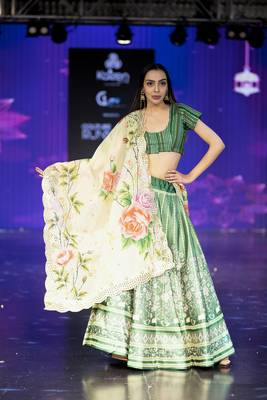 green Motif Print Satin SemiStitched Lehenga Choli With Unstitched sequin Work Blouse and Dupatta 1