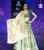 green Motif Print Satin SemiStitched Lehenga Choli With Unstitched sequin Work Blouse and Dupatta