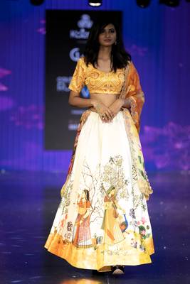 yellow Motif Print Satin SemiStitched Lehenga Choli With Unstitched sequin Work Blouse and Dupatta 3
