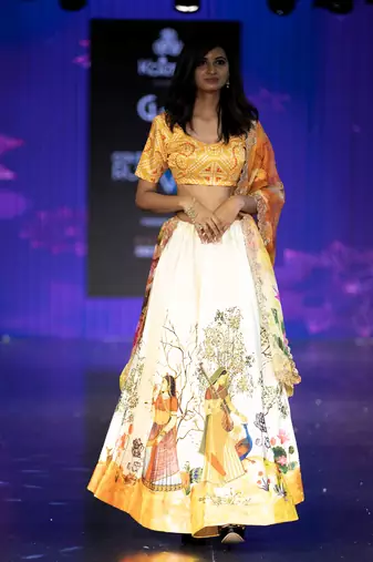 yellow Motif Print Satin SemiStitched Lehenga Choli With Unstitched sequin Work Blouse and Dupatta