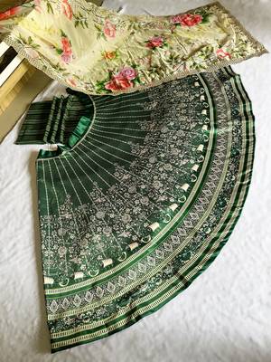 green Motif Print Satin SemiStitched Lehenga Choli With Unstitched sequin Work Blouse and Dupatta 2